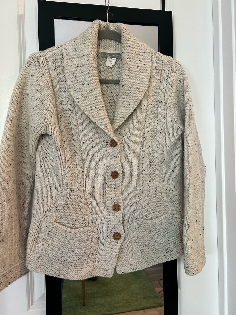J Crew Shawl Collar Cable Knit Cardigan Cream. Pockets. Hand knit. Cotton-wool.